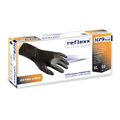 Imagen de Reflexx n79p/M extra largo, 30 cm, sin polvo guantes de nitrilo gr7.7, tamaño mediano, negro (Pack 50)