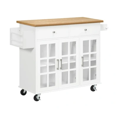 Imagen de HOMCOM Carro de Cocina Isla con Ruedas Multifuncional 2 Cajones 3 Puertas Vidrio Templado Toallero y Especiero 124,5x39,5x90 cm Blanco