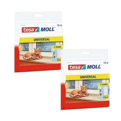 Imagen de tesamoll® Universal Paquete de 2 Burlete Espuma Adhesiva Para Ventanas y Puertas Junta Aislante Térmico Acústico Rellena Huecos 1 a 5 mm Tamaño: 2x 10 m x 9 6 Blanco
