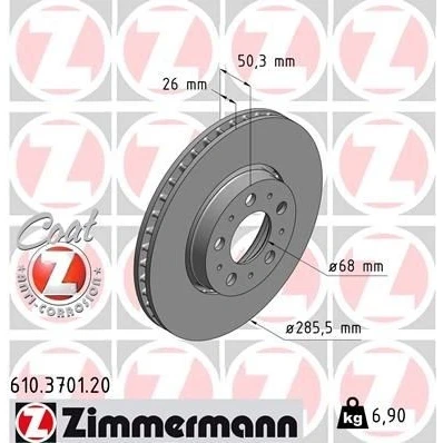 Imagen de ZIMMERMANN COAT Z 610.3701.20 Disco de freno 286 26 10/5 5 108 ventilación externa revestido VOLVO: S60 I, XC70 I Cross Country, S80