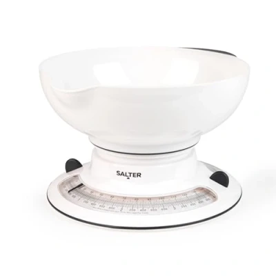 Imagen de Salter 800 WHBKDR Bascula de cocina mecánica analogico con bol, recipiente medición fácil verter, doble esfera giratoria, función añadir y pesar, mide alimentos líquidos, blanco