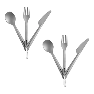 Imagen de Navaris Cubiertos de Titanio para Camping Set Doble 3X ultraligeros Cuchillo Cuchara y Tenedor Acampada Picnic Viaje Senderismo