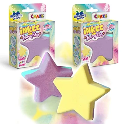 Imagen de CRAZE INKEE Pack de 2 Bombas baño para niños con forma Estrella efecto colores, aroma a arándano, Color purpura o amarillo,70g por pack, 1 diseños, Sin Gluten