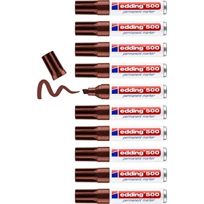 Imagen de edding 500 marcador permanente marrón 10 rotuladores punta biselada 2 7 mm resistente al agua, de secado rápido, indelebles para cartón, plástico, madera, metal, vidrio