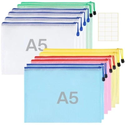 Imagen de 12 Piezas Bolsa de Carpetas Plastico A5 Zanfqvo Sobres Malla Impermeable Documentos para Viaje, Papelería Oficina, Cosméticos (5 Colores)