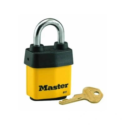 Imagen de Master Lock Candado, cerradura de acero laminado cubierta, 2 1/8 pulgadas ancho, llave resistente 911DPF, amarillo,