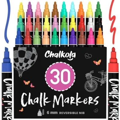 Imagen de Chalkola 30 Marcadores Pluma de vidrio ventana pizarra húmeda no tóxica Punta reversible balas y cinceles 6 mm