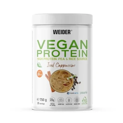 Imagen de Weider Vegan Protein (750g) Sabor Cappuccino. Proteína Vegana 23g/dosis Aislada Guisante (Pisane) y Arroz. Con Vitamina B12 Stevia. Sin Gluten, Azúcar. Bote 50% Reciclado, 100% Reciclable