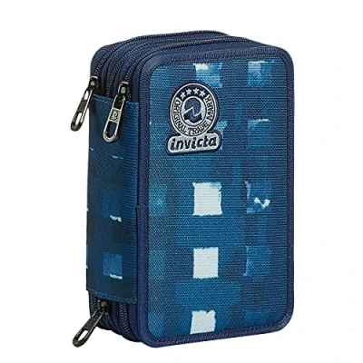 Imagen de Invicta Estuche escolar con 3 cremalleras, azul, triple compartimento completo lápices, bolígrafos y rotuladores, accesorios escolares, mochilas niños