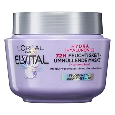 Imagen de L&#039;Oréal Paris Elvital Hydra Hyaluronic Mascarilla hidratante para cabello brillante, tratamiento intensivo hialurónico un aumento de la humedad, hasta 72 horas hidratación y cuidado larga