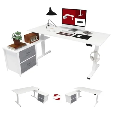 Imagen de SANODESK Escritorio Elevable de Altura Regulable Pie Mesa Eléctrico en Forma L con Cajón Amovible y Espacio Almacenamiento, Botones Inteligentes 160 x 70 cm Blanco