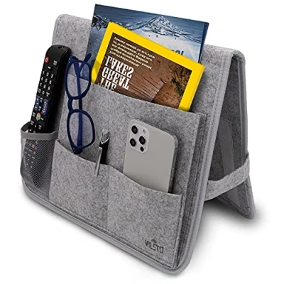 Imagen de VILSTO Organizador de Sofá Sillón Cama, Reposabrazos Bolsillo para Sofá, Soporte Mando a Distancia, Bolsa Almacenamiento, bandejas decorativas, Libros, Tablet, Gafas, Gris Claro