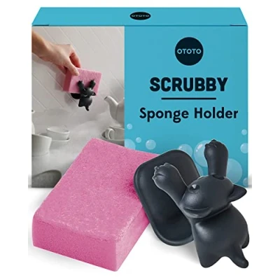 Imagen de OTOTO Scrubby Soporte de Esponja para Fregadero Cocina, Cocina Gato Gris, Organizador Apto lavavajillas, sin óxido, 3.9 x 3.1 Pulgadas