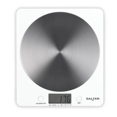 Imagen de Salter 1036 WHSSDR Bascula de cocina digital, fácil limpieza, balanza para con diseño fino plataforma discos acero inoxidable, Blanca
