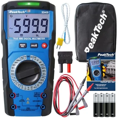 Imagen de PeakTech P 3349 Multímetro digital TRMS 6.000 cuentas, comprobador de corriente y tensión AC/DC, resistencia, capacitancia continuidad, 600V/10A, Negro