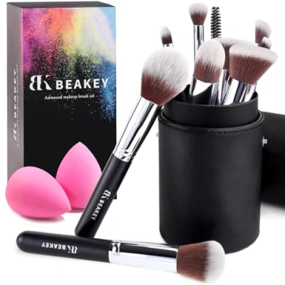 Imagen de BEAKEY Set de Brochas Maquillaje, Synthetic Kabuki para Base Polvos Colorete Contorno, con Esponja (10+2 Piezas, Negro/Plateado)