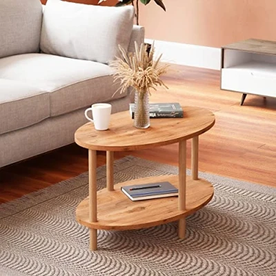Imagen de [en.casa] Mesa de Centro Ovalada con Estante Auxiliar para Sala Espera Polivalente Aglomerado/Madera 43 x 70 44 cm Efecto Madera