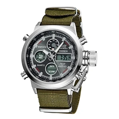 Imagen de JewelryWe Reloj Deportivo Militar Luminoso, Movimiento de Cuarzo Japonés, Correa Nailon Resistente al Agua para Exteriores, Digital Multifunción Hombre, Negro Verde