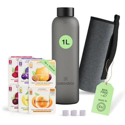 Imagen de waterdrop® Starter Set Botella de Vidrio + 18 Microdrinks para Disolver en 6 Variedades Frutas Paquete Degustación, 1 L a Prueba Fugas Apta Bebidas Carbonatadas