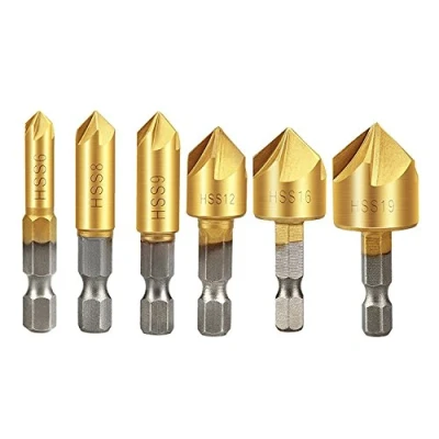Imagen de APlus Broca de avellanado, juego brocas 6 piezas Vástago hexagonal 1/4 &#039;&#039; HSS 5 Flauta Avellanado Conjunto herramientas punzonado central 90 grados mm 19