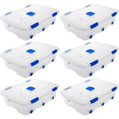 Imagen de AC Pack de 6 Cajas ordenación con Tapa y Ruedas plástico Transparente N.º 14, Capacidad 56 litros. Dimensiones Aprox.: 76,2 x 55,9 18,2 cm