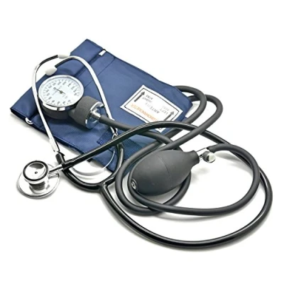 Imagen de Belmalia Tensiómetro de Brazo Manuales con Estetoscopio Doble Campana, Esfigmomanómetro Aneroide, Bolsa para Servicios Socorro, Médico, Consultorio, Azul Negro