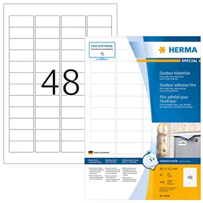 Imagen de HERMA etiquetas autoadhesivas, 48 por hoja A4, 40 hojas, 45,7 x 21,2 mm, 1920 etiquetas, adhesivas en blanco resistentes a la intemperie, para impresora láser y