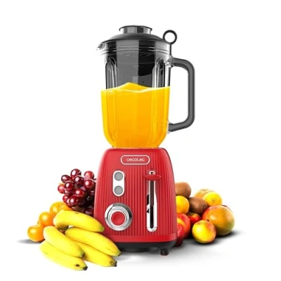Imagen de Cecotec Batidora de Vaso Retro Power Black Titanium RetroRed. 1200W Potencia Máxima, 2 Velocidades, Cuchilla 4 Hojas con Recubrimiento Titanio Negro y Jarra 1,5L, Diseño Vintaje en Rojo