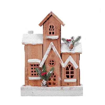 Imagen de Casa de luces LED madera iluminada 33 x 24 cm Decoración mesa con techo nieve