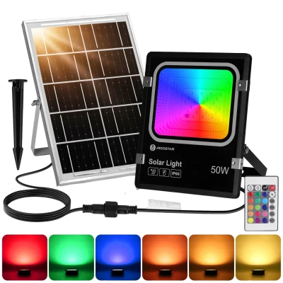 Imagen de Aigostar 50W Foco Solar Exterior RGB con Mando a Distancia, 4000mAH Batería de Gran Capacidad y Panel Solar. Impermeable IP66, Cable 5M. Proyector LED para Interior Jardín, Patio, Camino