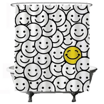 Imagen de Ulticool Cortina de Ducha Sorrisente Smiley 180 x 200 cm Baño Lavable Antimoho con 12 Anillas Blanco Amarillo Negro