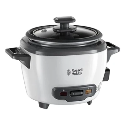 Imagen de Russell Hobbs Arrocera Capacidad 0,4 litros, 3 Raciones, Olla Pequeña, Función Mantener el Calor, Recipiente Antiadherente, Taza y Cuchara Medidora, Tapa Cristal Templado, 200 W 27020 56