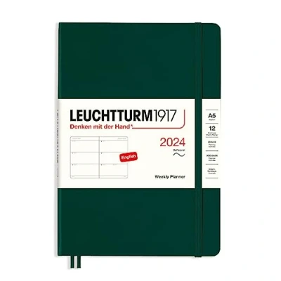 Imagen de LEUCHTTURM1917 367652 Agenda semanal, tapa blanda, tamaño mediano (A5) 2024, 12 meses, verde bosque, inglés