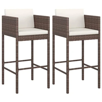 Imagen de vidaXL 2X Taburetes de Cocina con Cojines Casa Bistró Pub Restaurante Mostrador Asiento Reposapiés Silla Alta Bar Jardín Patio Ratán Sintético Marrón