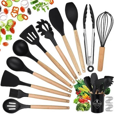 Imagen de Utensilios Cocina de Silicona, hicoosee 22 Piezas Juego Silicona con Mango Madera para Utensilios, Sin BPA Resistentes al Calor y Antiadherentes 10 S Ganchos, Negro 01
