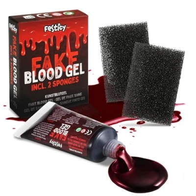 Imagen de Festicy Sangre Falsa Gel Tubo 20 g con 2 Esponjas, Set de Maquillaje Halloween 2024 Lavable I Efecto Artificial Espesa Realista Disfraz Hombre Mujer