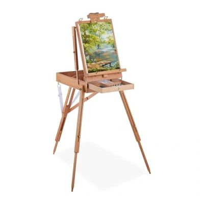 Imagen de Relaxdays Caballete Portátil de Madera, para Adultos, Altura e Inclinación Regulables, Tablero XL con Cajón, Natural, 180 x 100 70 cm