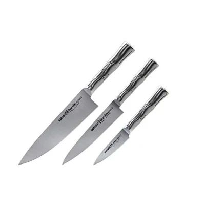 Imagen de SAMURA Cuchillo Cocina Profesional para Chef o Cocinero Set de 3 Piezas Hechos con Acero japonés AUS 8 Mango ergonómico en Forma Tallo BAMBÚ
