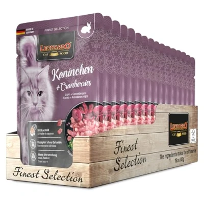 Imagen de Leonardo Bolsas [16x85g Conejo + Arándanos] Alimento húmedo sin Cereales para Gatos Completo en prácticas raciones Individuales