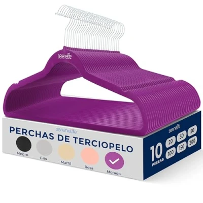 Imagen de SereneLife Perchas de Terciopelo, 10 Piezas, Juego Antideslizantes Resistentes con Gancho Giratorio 360, Acabado Terciopelo Suave para Proteger la Tela, diseño Ligero y Ultrafino