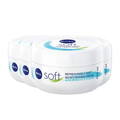 Imagen de NIVEA Soft Pack de 4 (4 x 200 ml), una crema hidratante para cara, cuerpo y manos con vitamina E aceite jojoba, intensivo diario