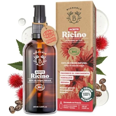 Imagen de Bionoble Aceite de Ricino Orgánico 100ml 100% Puro y Prensado en Frío Pestañas, Cejas, Cuerpo, Cabello, Barba, Uñas Vegano, Cruelty Free Castor Oil Botella Vidrio + Pipeta Bomba