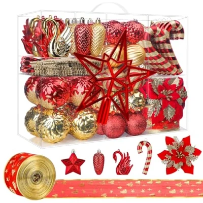 Imagen de Alupssuc Juego de 128 Adornos Navideños, Bolas Irrompibles para Decoración árbol Navidad, Flores Cinta, Adorno Fiesta Boda con Ganchos, Rojo &amp; Dorado