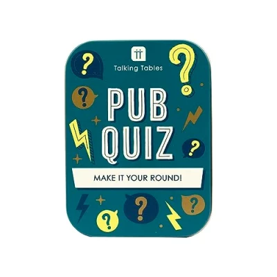 Imagen de Talking Tables Juego de viaje Pub Quiz, tamaño bolsillo, trivia conocimiento general para que la familia juegue en un o casa empaquetado una caja lata regalo, Papá Noel secreto