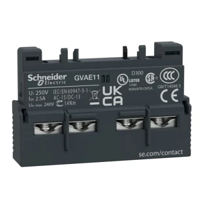 Imagen de Contacto auxiliar de la gama TeSys, 1 NA/1 NC, 60 V DC, 240 AC, montaje frontal, juego 10, 2,9 x 4,5 1,1 centímetros, color blanco (referencia: GVAE11)