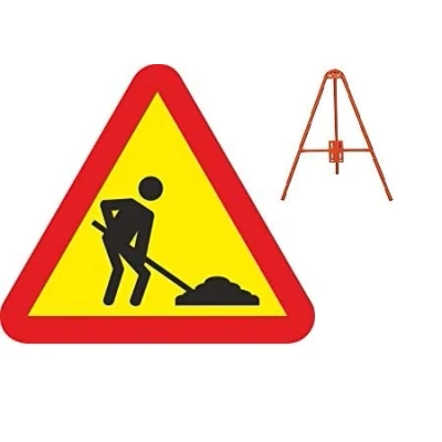 Imagen de Ferretelix Señal metálica peligro obras TP 18 con TRIPODE (obras) 70 cm