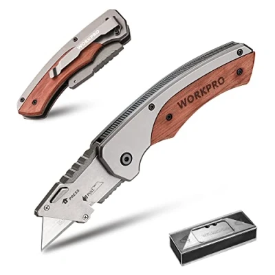 Imagen de WORKPRO Cúter Plegable y Cuchillo con Mango Madera, de Cambio Rápido, Clip para Cinturón, 10 Cuchillas SK5, Navaja Camping