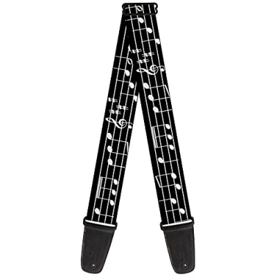Imagen de Buckle Down Correa para guitarra con notas musicales, color negro y blanco, 5 cm de ancho