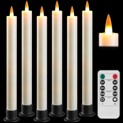 Imagen de Da by vela LED con control remoto y temporizador, de cono alimentada por batería, mecha dinámica 3D, juego 6, marfil, 6 bases negras, adecuada para la decoración del hogar