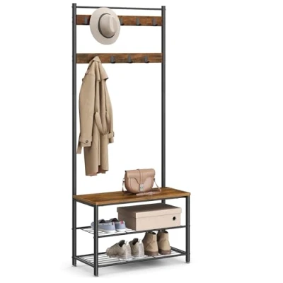 Imagen de VASAGLE Perchero con estante para zapatos, mueble de entrada banco, 3 en 1, marco acero, y pasillo, 32 x 70 177 cm, estilo industrial, marrón rústico negro HSR41BX
